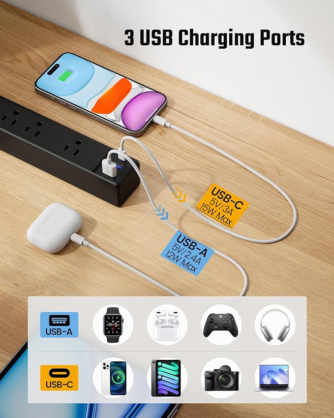 Black Long Extension Cord 20Ft, SUPERDANNY Flat Plug Surge Protector Power Strip with 6 Outlets & 3 USB Ports, Power Bar for Home Office, Dorm Room