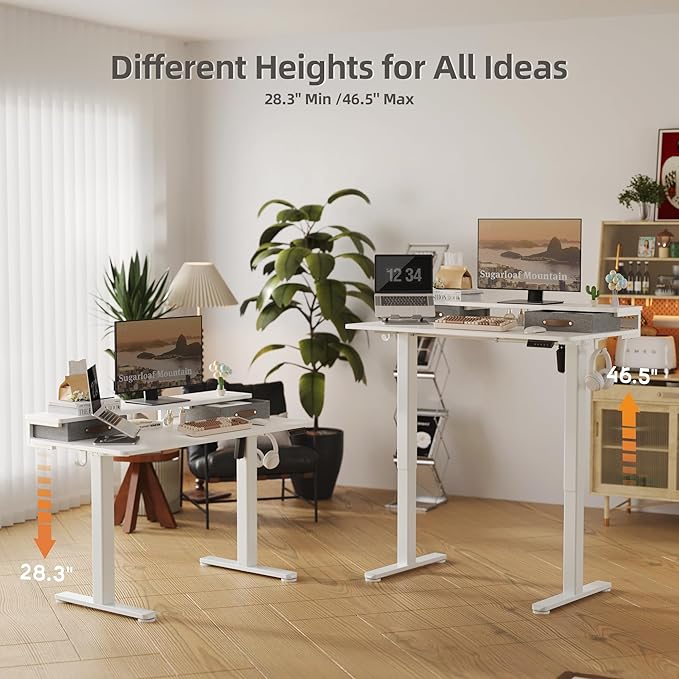 Seang Electric Standing Desk with 2 Drawers, Adjustable Standing Desk with Storage Shelf, Height Adjustable Stand up Desk for Home Office with 3 Presets & 2 Hooks, 48 Inch, White