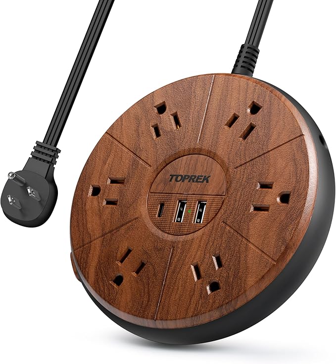 Power Strip with USB, PD 20W USB-C Charging, 6.5 FT Extension Cord with 6 Outlets, 1 USB-C, 2 USB-A, TOPREK Power Strip Surge Protector, Wood Finish Desk Charging Station for Home, Office, Dorm