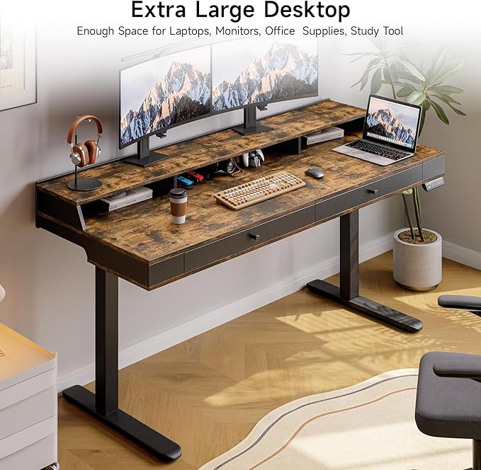 ONBRILL Standing Desk with Drawers, 63x23.6 Electric Stand Up Desk with Storage Shelf and Memory Controller, Sit Stand Desk Adjustable Height from 28-46" for Computer Workstation, Rustic Brown