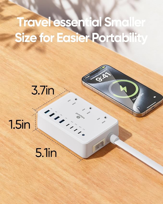 100W Charging Station, 6 AC Outlets 8 USB Power Strip with 2000J Surge Protector, 5ft Flat Plug Extension Cord, Compact for Desk Home Office Dorm, White