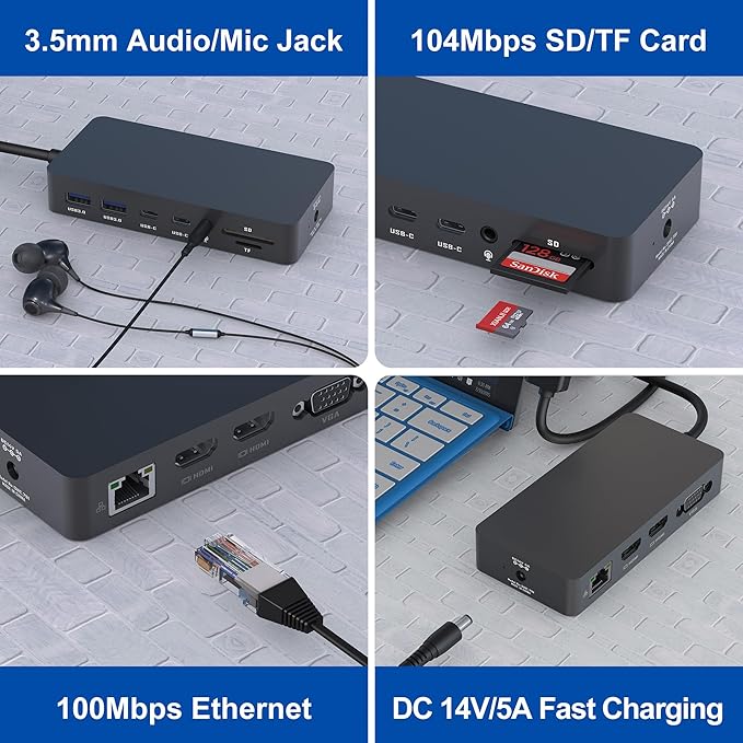 Surface Pro Docking Station Triple Displays with Power Supply, 12 in 1 Surface Dock Station with Dual 4K HDMI+VGA for Surface Pro 11/10/9/8/X/7/6/5/4/3, Surface Laptop 7/6/5/4/3/2/1,Surface Book