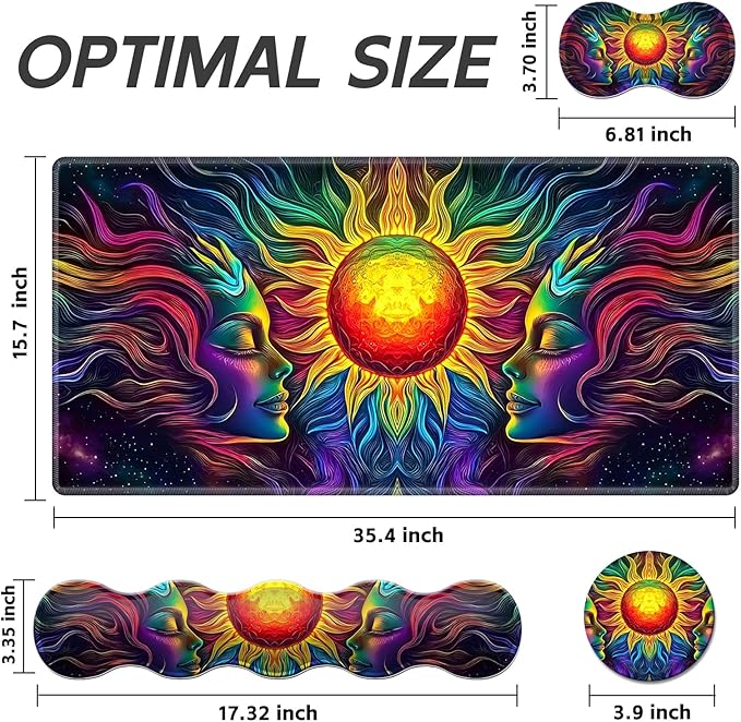 Gaming Mouse Pad Set, Colorful Sun Woman Large Desk Mat Mousepad, Keyboard Wrist Support, Mouse Wrist Rest, Coaster 4in1 Ergonomic Memory Foam, Non-Slip Stitched Edge for Home Office