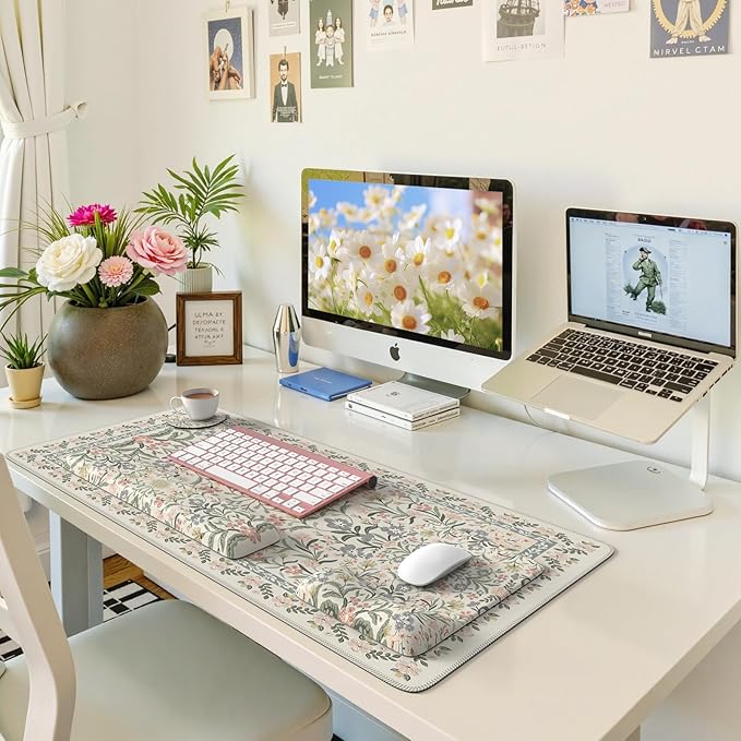 iLeadon Desk Protector Mat, Cute Ergonomic Wrist Pad for Keyboard and Mouse, Non Slip Desk Mat with Wrist Rest, Extra Large Full Desks Mouse Pad with Coaster for Women Office (Grey)
