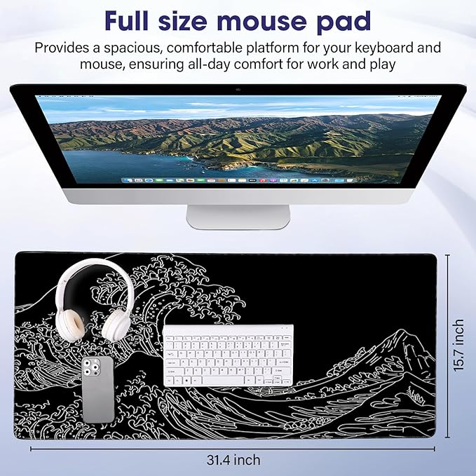 LifetimeWarrantly Japanese Sea Wave Large Gaming Mouse Pad – 31.5" x 15.7" Full Desk Mat, Non-Slip Rubber Base, Waterproof, Stitched Edges, Durable Surface for Esports, Office, Home