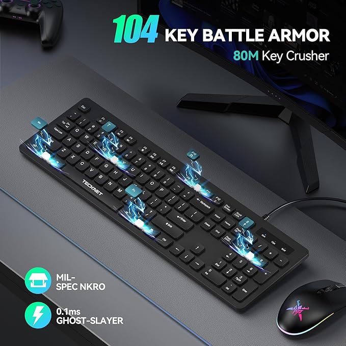 TECKNET Wired Keyboard,Silent USB Keyboard for Office,Spill-Resistant,Slim Full-Size Membrane Layout,Plug and Play for PC/Laptop/Mac-No Backlit