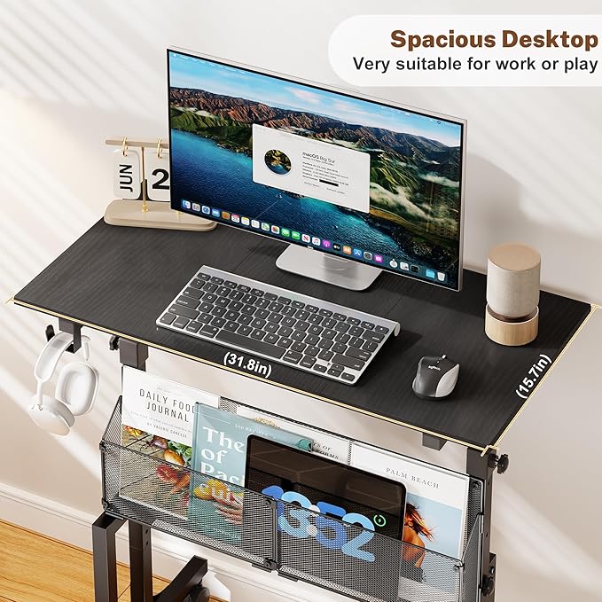 Height Adjustable Standing Desk With Storage, Small Stand Up Desk With wheels, Portable Rolling Desk for Home Office, Mobile Sit Stand Desk for Small Spaces, For Walking Pad Treadmill, Black