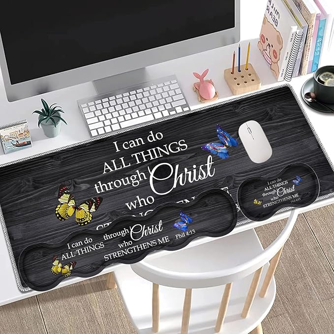 Large Gaming Mouse Pad + Keyboard Wrist Rest + Wrist Support + Coaster Set, Memory Foam Ergonomic for Easy Typing, XXL Extended Gaming Mouse Pad Table Pad - Vintage Wooden Bible