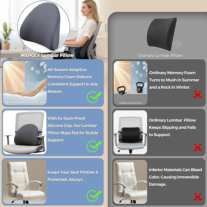 Lumbar Support Pillow for Office Chair & Car - All-Season Adaptive Memory Foam, Ergonomic Back Support for Lower Back Pain Relief, Stay-Put Non-Staining Silicone Grip (Gray)