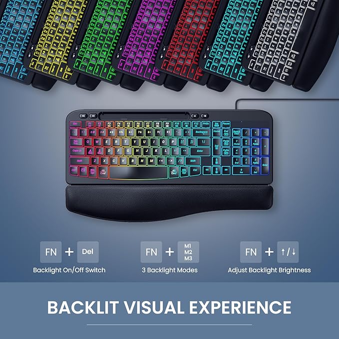 VEILZOR Wired Ergonomic Keyboard, 7-Color Backlit USB Computer Keyboard with Wrist Rest, Wave Keys, Phone Holder, Lighted Keyboard Compatible with PC, Laptop, Windows, and Mac