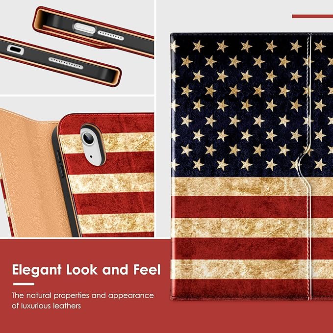 VIKESI Keyboard Case for iPad (A16,2025) 11th Generation/iPad 10th Generation Case (10.9" 2022),Premium Leather Smart Cover,Built-in Breathing Light,Function Row,Pencil Holder,Card Slots - US Flag