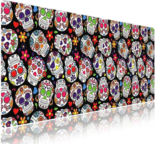 XXL Gaming Mouse Pad with Stitched Edges for Home & Office - Colorful Sugar Skull Abstract Seamless Floral Day of The Dead Design, Smooth Cloth Surface Anti-Slip Rubber Base Large Desk Mat
