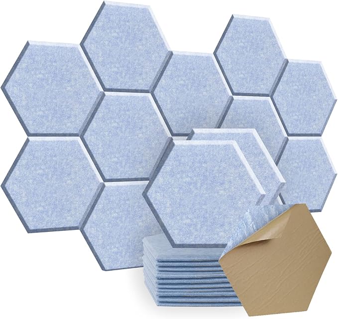 Hexagon Acoustic Panels Self-Adhesive, 12 Pack 12" X 10" X 0.4" Sound Absorbing Panels, High Density Soundproofing Wedge Tiles(Light Sky Blue)