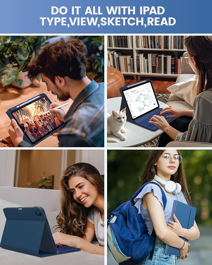 typecase Folio iPad 11th/10th Gen Keyboard Case (11" A16 2025 & 10.9" 2022) – Magnetic Wireless Detachable Keyboard, 7-Color Backlight, Thin & Light, Pencil Holder – Marine Blue