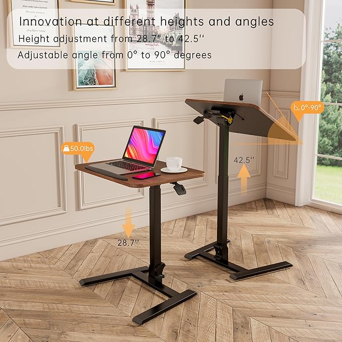 25 Inch Mobile Folding Desk - No Assembly, Pneumatic Sit-Stand, 29-42" Height Adjustable Rolling Laptop Desk with Hidden Wheels, 0-90° Tilt Top for Home Office, Craft & Study