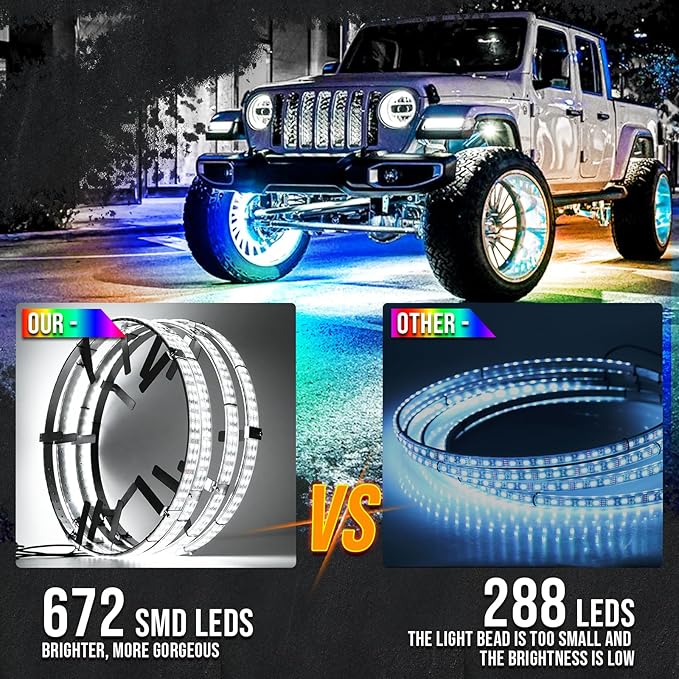 Adjustable 14-18inch 2-Rows Adjustable Wheel Ring Lights, RGBW Wheel Lights for Truck, LED Chases Dancing Color Rim Lights Fit for All Truck Pickup Car SUV Off-Road 4 Wheels Vehicle