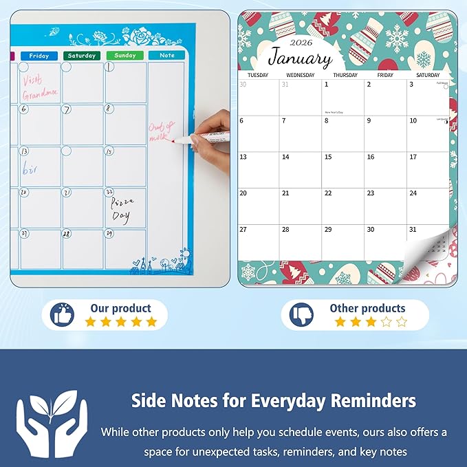 Magnetic Calendar for Refrigerator, 17×12" Fridge Calendar Whiteboard Calendar with Markers and Eraser, Monthly Dry Erase Family Planner with Side Notes for Lists, To-Do Tasks Monday Start