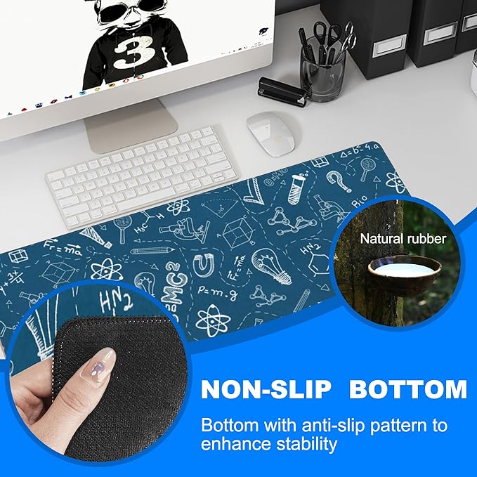 Desk Mat, Blue School Science Formula Extended Gaming Mouse Pad Large, 31.5"x11.8" Big Mouse Pad with Non-Slip Base and Stitched Edge, Long Computer Keyboard Mouse Mat for Home Office Work