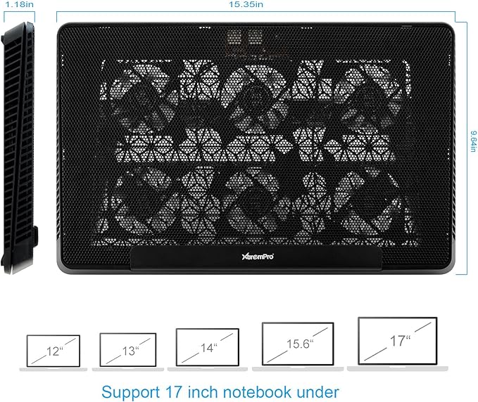 Portable Metal Mesh Laptop Cooler Cooling Pad, 6 Quiet Fans w/Green LED Light, 5 Adjustable Heights, Up to 17" in Notebook, 2 USB Interface w/Speed Control Switch, Non-Slip - Black (11147)