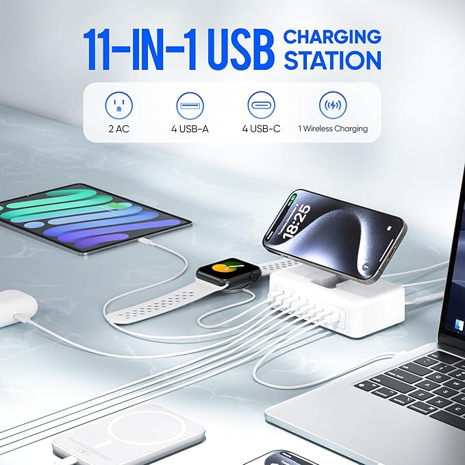 300W USB Charging Station, 11-in-1 USB C Power Strip Surge Protector, 2AC Outlets & 8USB Ports, 5ft Flat Plug Extension Cord with Multiple Devices, Desktop Charger for Home Office Desk