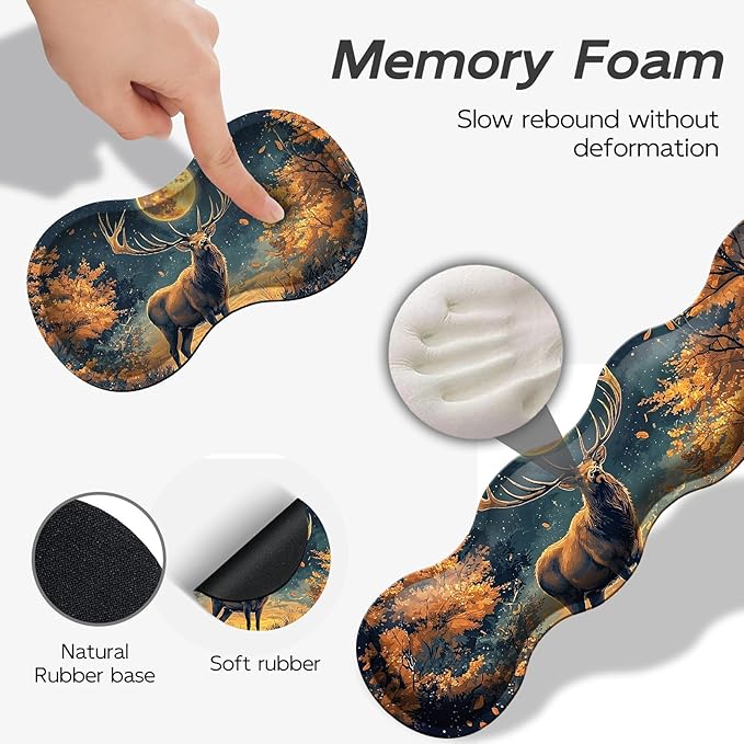 Gaming Mouse Pad Set, Moon Forest Elk Large Desk Mat Mousepad, Keyboard Wrist Support, Mouse Wrist Rest, Coaster 4in1 Ergonomic Memory Foam, Non-Slip Stitched Edge for Home Office