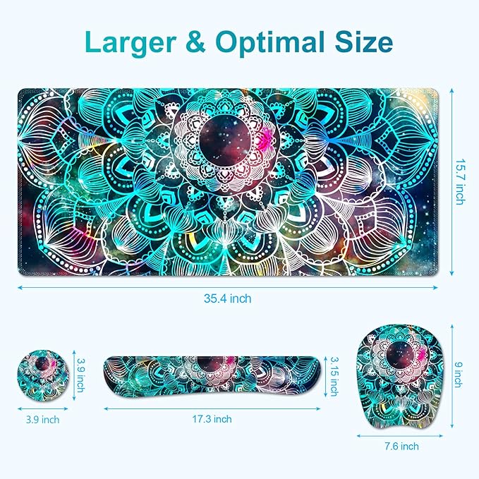 Large Mouse Pad with Wrist Support 4 in1 Set, XXL Big Game Mousepad + Keyboard Wrist Rest+Mouse Wrist Rest+Coaster Ergonomic Gaming Mat for Home Office Table Computer I Nice Green Mandala