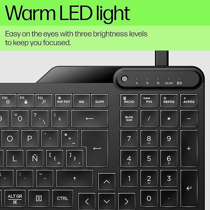 HP 400 Backlit Wired Keyboard (Ash Wired) - Warm White LED Illuminated Keys w/ 3 Brightness Levels - Slim & Portable Design - 12 Programmable Keys - Spill-Resistant, Sanitizable