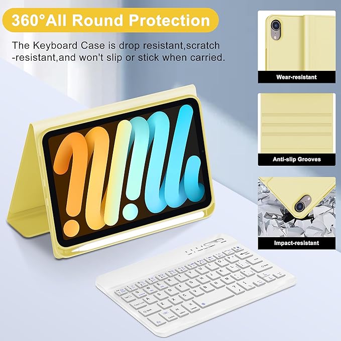 iPad mini 7th Gen 2024 (A17 Pro) & iPad mini 6 Keyboard Case 2021, Detachable Wireless Bluetooth Keyboard Slim Folio Smart Cover with Pencil Holder for iPad mini 7th/6th Gen 8.3 inch - Yellow