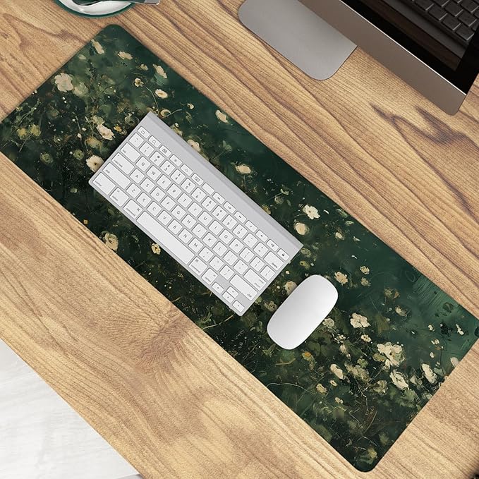 Green Yellow Floral Desk Mat,Green and Yellow Mouse Pad, Abstract Floral Spring Desk Mat,Big Large Spring Abstract Oil Painting Desk Pad,Preppy Girly Summer Desktop Decor Art,31.5x11.8In