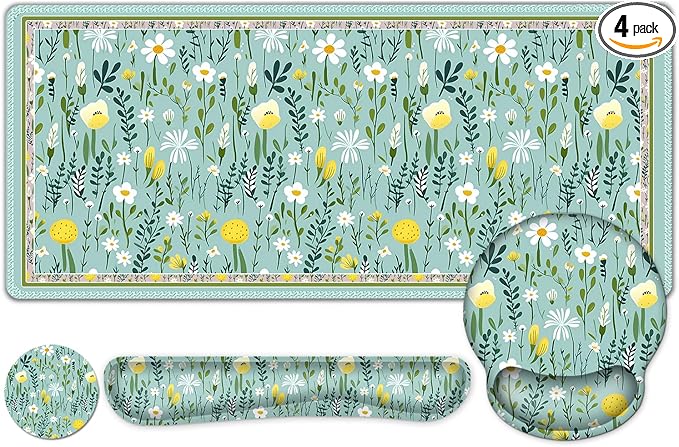 Floral Desk Mat, 4in1 Large Mouse Pad with Wrist Rest, Desk Matt for Desktop, Desk Pad Mat, Anti-Slip XXL Computer Ergonomic Mousepad with Wrist Support for Keyboard and Mouse I Green Elegant Flowers