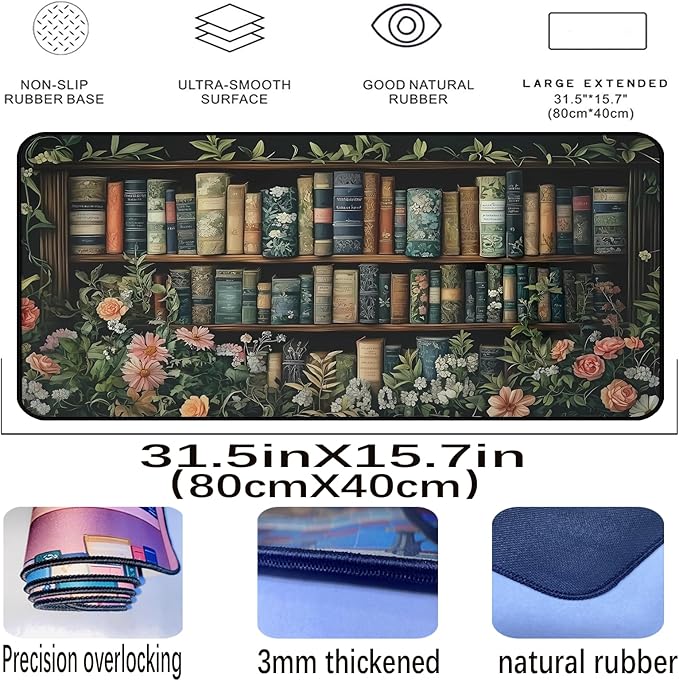 Flower Book Desk Mat, Colorful Mousepad XXL, Large Vintage Game Pad, Computer Keyboard Mouse Pad, with Stitched Edges, Non-Slip Rubber Base Deskpad, Women Home Office Accessories 31.5"X15.7"