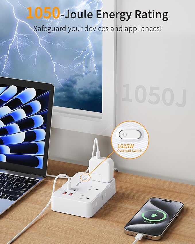 2 Prong to 3 Prong Adapter Power Strip, 10 FT Extension Cord with 6 Outlets & 4 USB Ports (2 USB-C), 1050J Two Prong Surge Protector, Wall Mount - Ideal for Old Houses