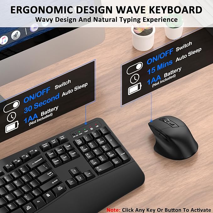 Wireless Keyboard and Mouse Combo, EDJO 2.4G Full Size Wave Keys Ergonomic Keyboard with Wrist Rest and 3-Level DPI Adjustable Wireless Ergonomic Mouse for Windows, Mac OS Desktop/Laptop/PC(Black)