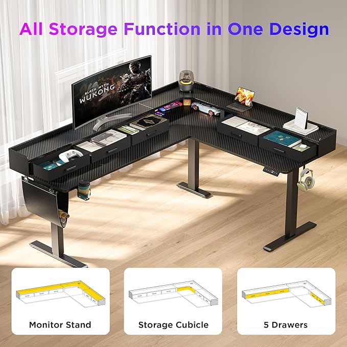 75 Inches Height Adjustable L Shaped Standing Desk with 5 Drawers and Monitor Shelf, Electric Sit to Stand Home Office Comupter Table, Ergonomic Corner Gaming Desk, Black