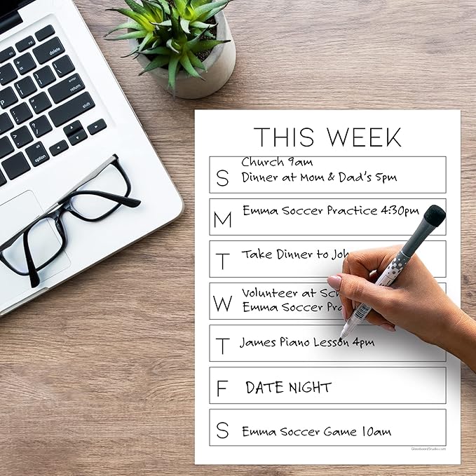 Dry Erase Weekly Calendar Planner Sticker Decal | Removable & Reusable | Magnetic Fine-Tip Marker Included (9 x 12 inches, White)