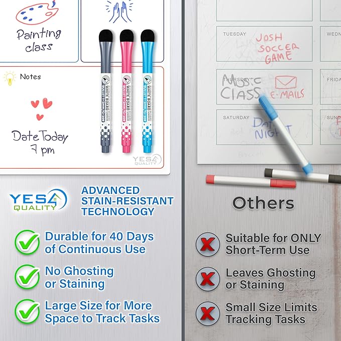 Magnetic Calendar - 16x12 Whiteboard - Dry Erase Calendar for Fridge - Monthly Refrigerator White Board Sheet with 3 Colorful Markers & Eraser, Meal Planner & Family Orgnanizer - by Yes4Quality