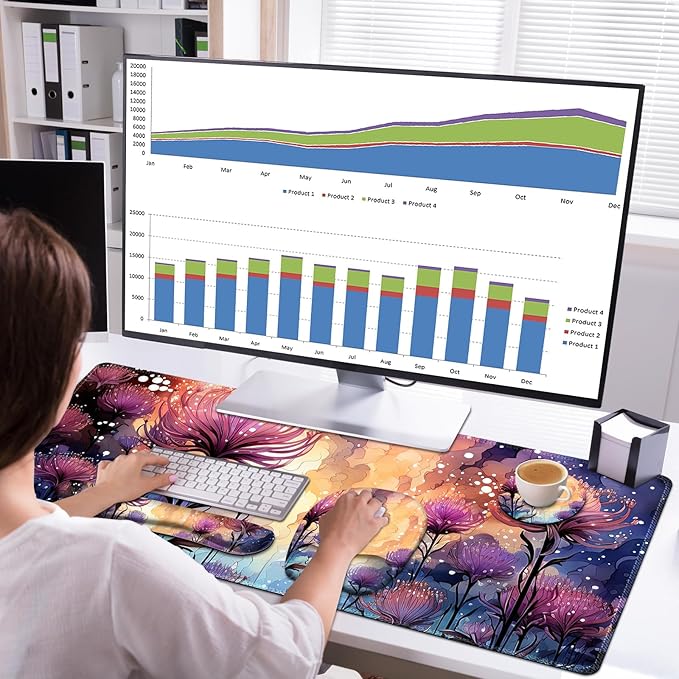 4 in 1 Large Mouse Pad, Keyboard Wrist Rest Set, Ergonomic Mouse Pad with Wrist Support, Desk Mat with Stitched Edges, Extended Desk Pad Waterproof Desk Mat for Home Office I Blossom Purple Flower