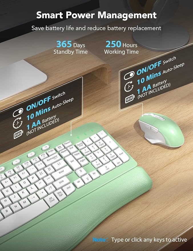SABLUTE Wireless Keyboard and Mouse Combo, Ergonomic Wave Keys, Cushioned Plam Rest, Comfortable Silent Natural Typing, 2.4G Lag-Free, MA12 Full Size Keyboards Set for Multi-OS, Windows/Mac, Green