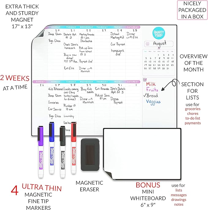 Dry Erase Weekly Extra Thick Magnetic Calendar for Refrigerator: 17x13 Two Week Planner and 6x9 White Board, 4 Fine Tip Markers and Eraser with Magnets. Stain Resistant. Shipped Flat.