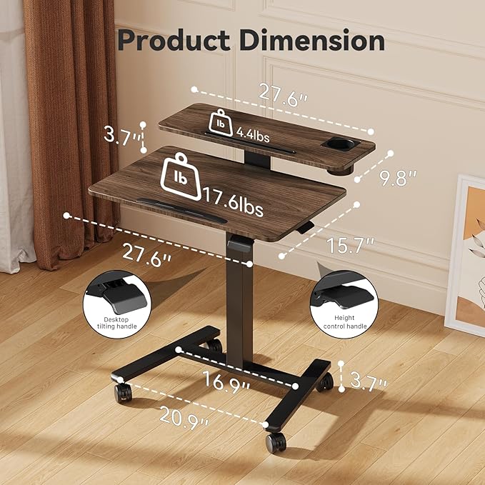 28 inch Mobile Standing Desk On Wheels， Small Computer Workstation Adjustable Height，Rolling Laptop Stand with Tiltable Desktop， 2-Tier Portable Study Table with Storage Shelf， Walnut