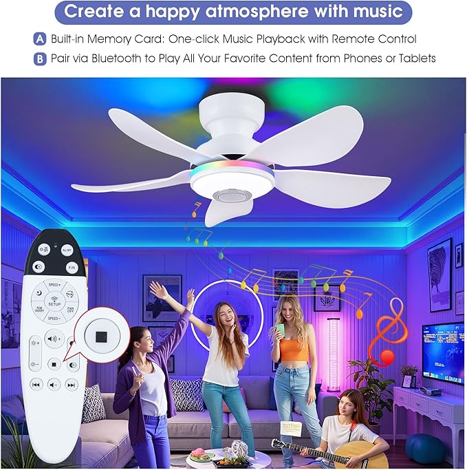 36 Inch Ceiling Fans with RGB Lights Remote/APP Control, Flush Mount, 3 CCT Dimmable White Lights+RGB Ring Lights+Music Player, 5 Reversible Plastic Blades 6 Speeds for Kidsroom, White