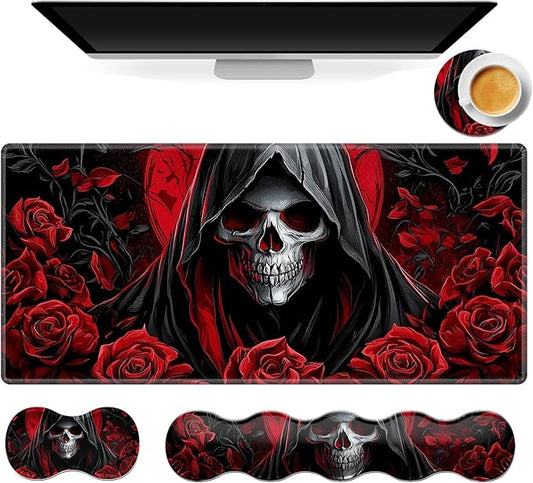 Gaming Mouse Pad Set, Red Rose Skull Large Desk Mat Mousepad, Keyboard Wrist Support, Mouse Wrist Rest, Coaster 4in1 Ergonomic Memory Foam, Non-Slip Stitched Edge for Home Office