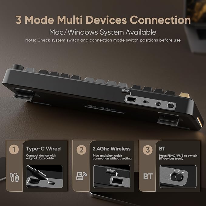 RedThunder K75 Wireless Mechanical Keyboard, CNC Knob, Tri-Mode BT5.0/2.4GHz/USB-C Hot Swappable Custom, Pre-lubed Linear Coconut Switches, Gasket Structure, RGB Gaming Keyboard, Black-Gold