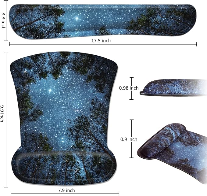 Ergonomic Mouse Pad with Wrist Rest Support and Keyboard Wrist Rest Pad with Coaster, iDonzon Cute Wrist Pad with Non-Slip Rubber Base and Raised Memory Foam, Easy Typing & Pain Relief, Forest Starry