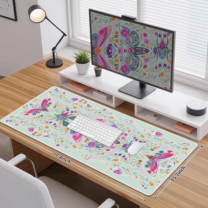 Desk Mat for Keyboard and Mouse, Large Non-Slip Mouse Pad Keyboard Pad, Computer Mats for Desktop, Cute Desk Pad with Stitched Edges for Office, Gaming I Pastel Green Floral Symmetry