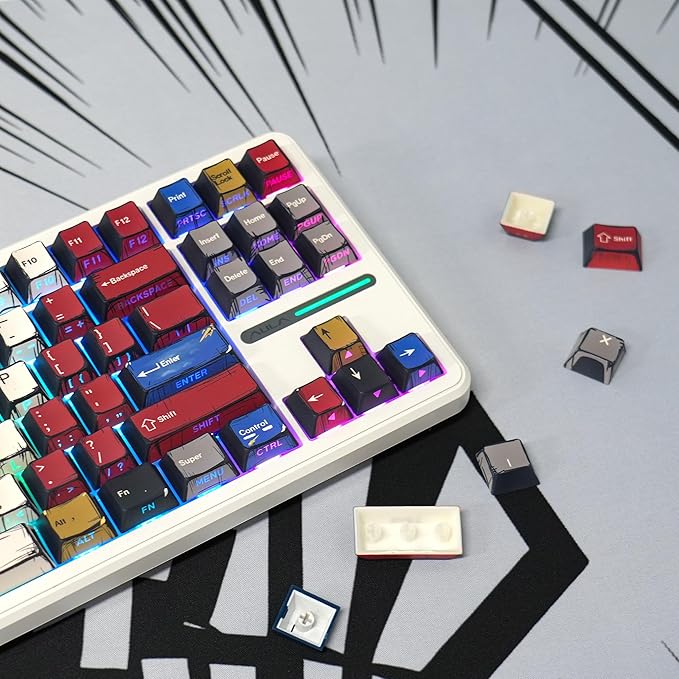 FunHub Retro PBT Keycaps,Anime Themed Japanese Manga Key Caps,Cherry Profile Shine Through Side Printed Keycaps 137 Keys Set for 60 65 75 100 Percent MX Switches Double Shot Backlit Keyboard-Colorful