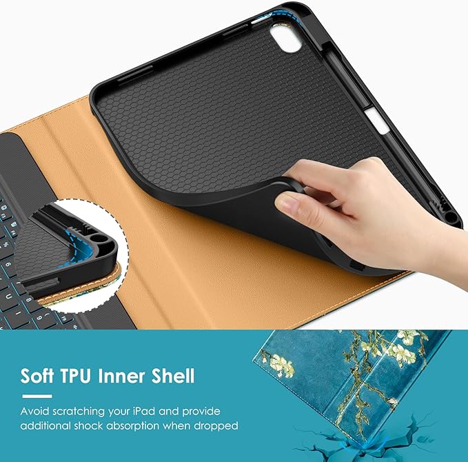 VIKESI Keyboard Case for iPad (A16,2025) 11th Generation/iPad 10th Generation Case (10.9" 2022),Premium Leather Smart Cover,Built-in Breathing Light,Function Row,Pencil Holder,Card Slots - Blossom