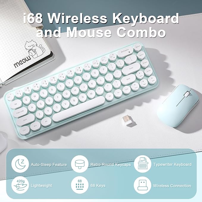 i68 Wireless Typewriter Keyboard and Mouse Combo,2.4GHz Cordless Connection, Cute Retro Aesthetic Design Round Keycaps for Tablet, Phone, PC and Win/Mac/Android(Green)