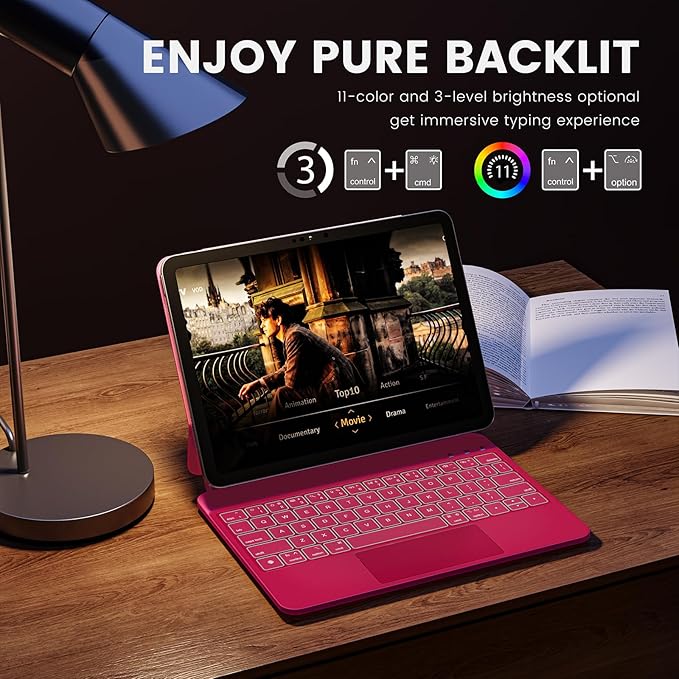 for iPad 11th(A16, 2025)/10th Generation Case with Keyboard, Magic Keyboard 2022, Springy Backlit Keys, Stain-Resistant Surface, Multi-Touch Trackpad, Azalea Red
