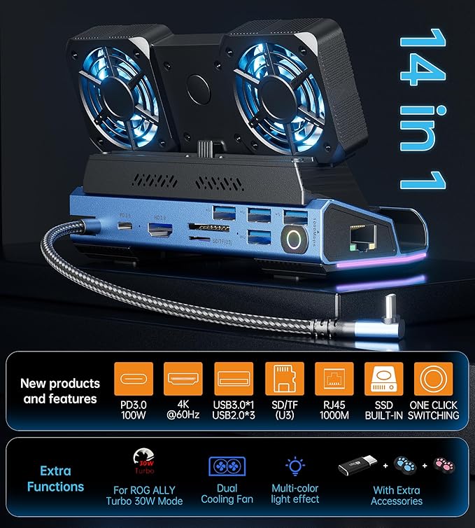14 in 1 Steam Deck Docking Station with Dismantling Cool Fans M.2 NVMe Enclosure,4K@60Hz,1000Mbs Ethernet,SD/TF,4 USB A,100W PD Charging 40Gbps Adapter for Steam Deck/Rog Ally/Switch/Legion Go